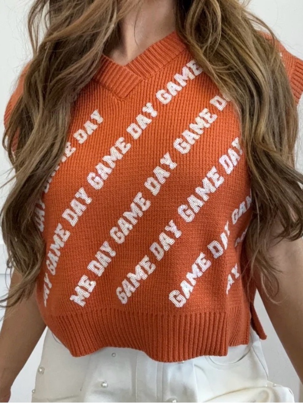 Peach Love Burnt Orange Sequin 'Game Day' V-Neck Sweater Vest